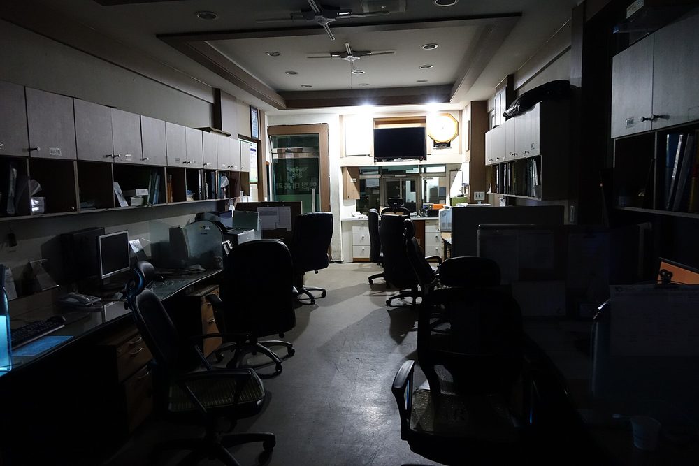 Desks and screens in a quiet office